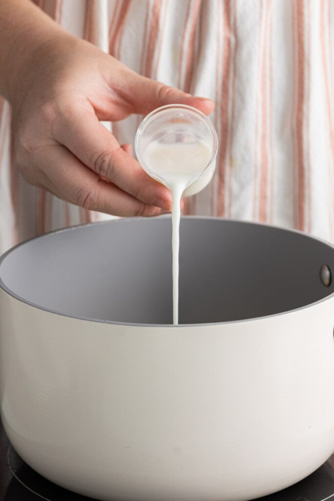 Adding milk to thin out 5-Ingredient Queso Blanco.