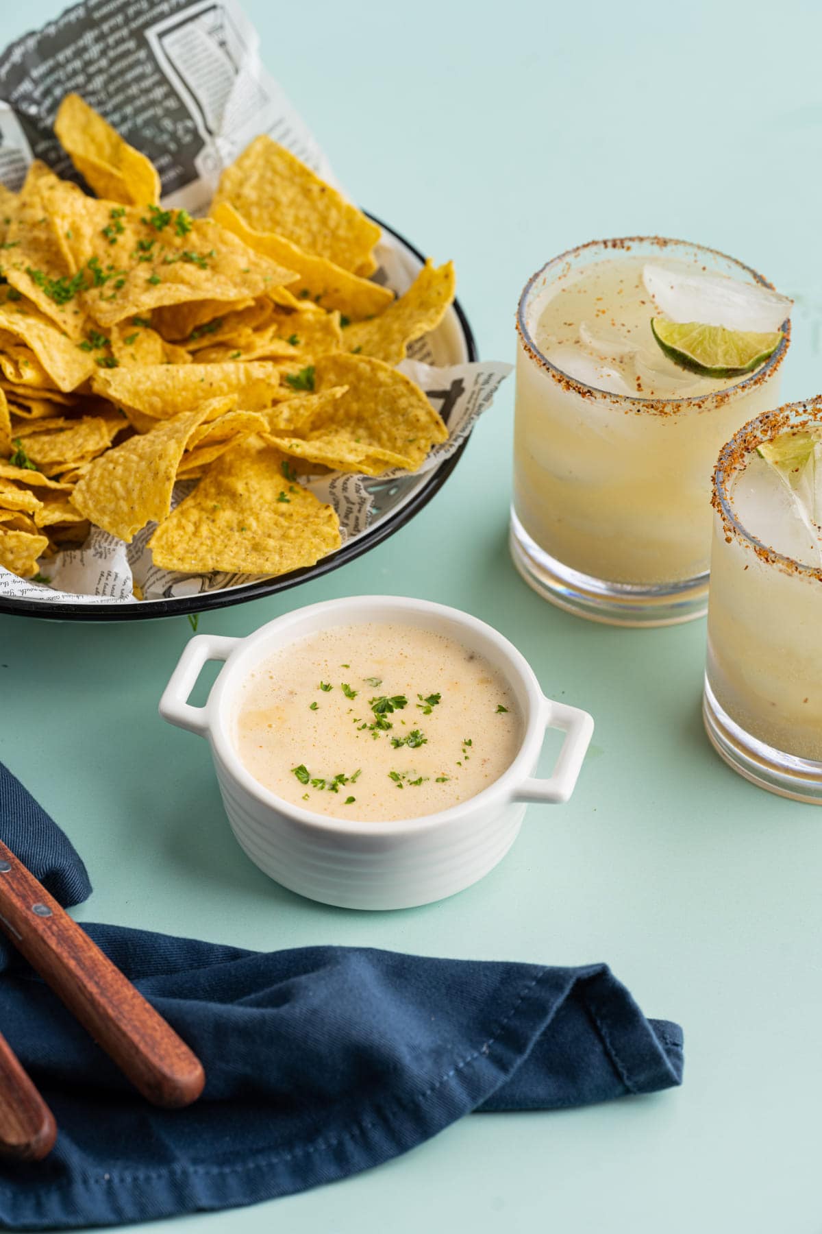 Chips, queso Blanco, and margaritas