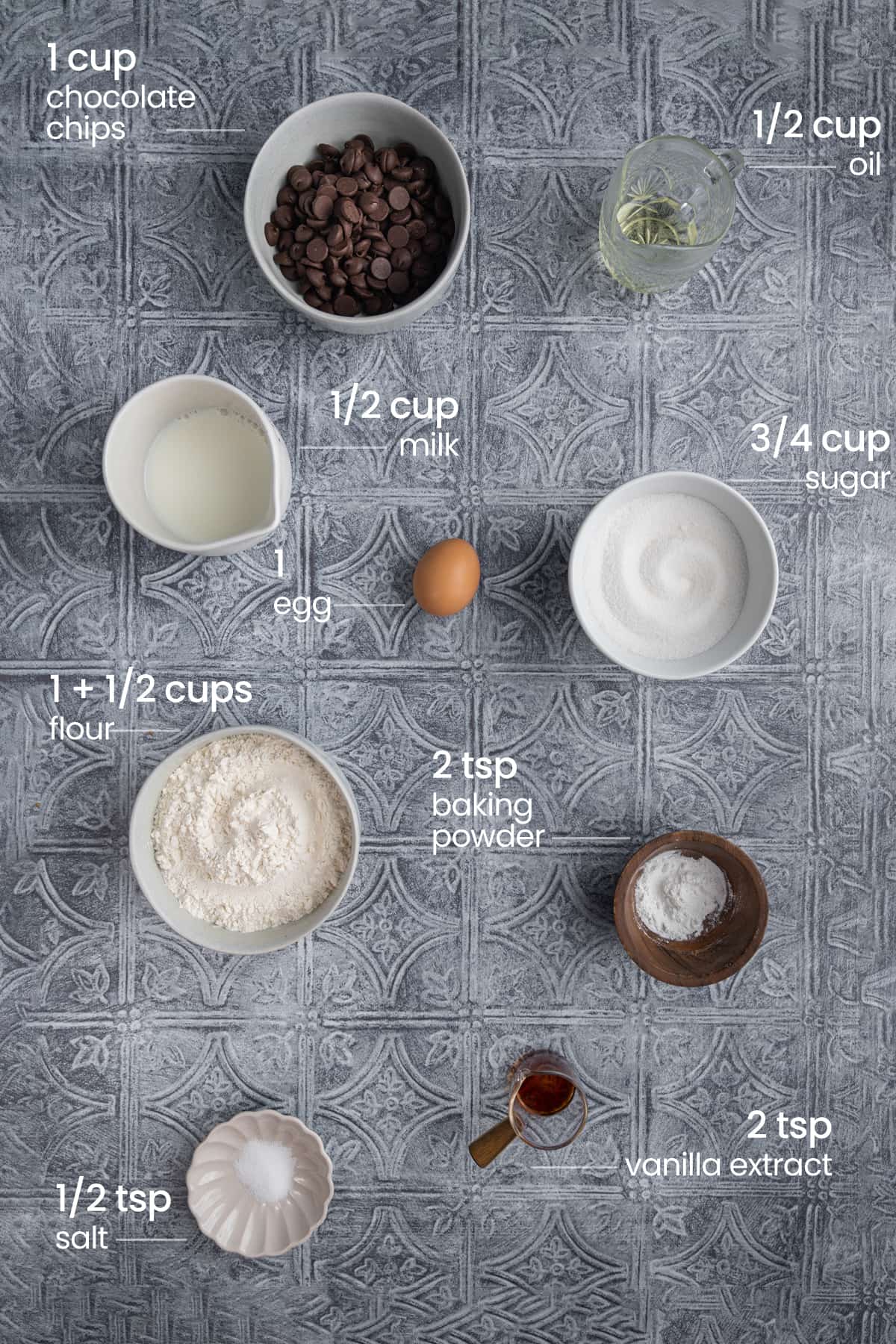 One-Bowl Chocolate Chip Muffin Ingredients - Chocolate chips, oil, milk, Granulated sugar, egg, all-purpose flour, baking powder, and salt