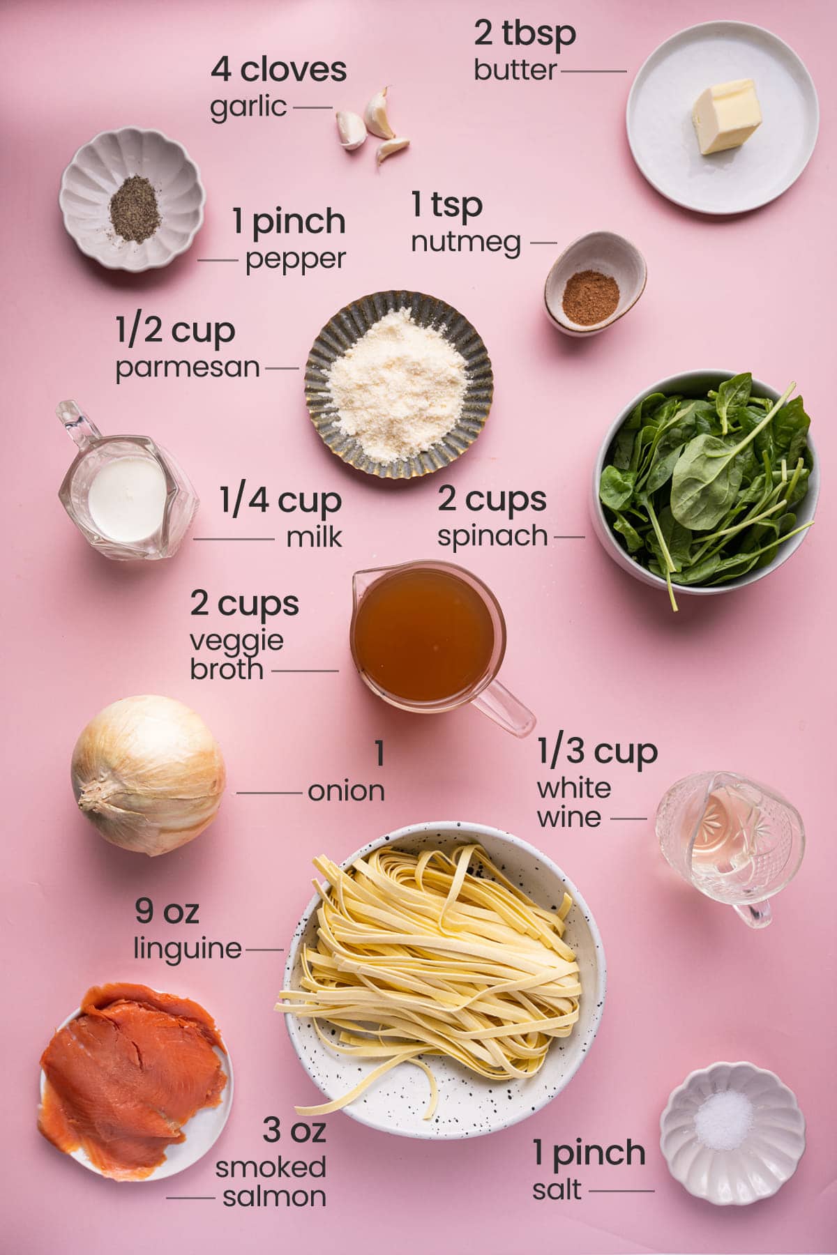 Creamy Smoked Salmon Ingredients - Pepper, garlic, butter, milk, Parmesan, nutmeg, spinach, yellow onion, vegetable broth, fresh pasta, smoked salmon, and salt