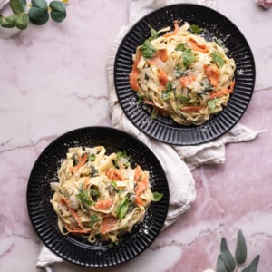 Two plates of One-Pot Creamy Smoked Salmon Pasta