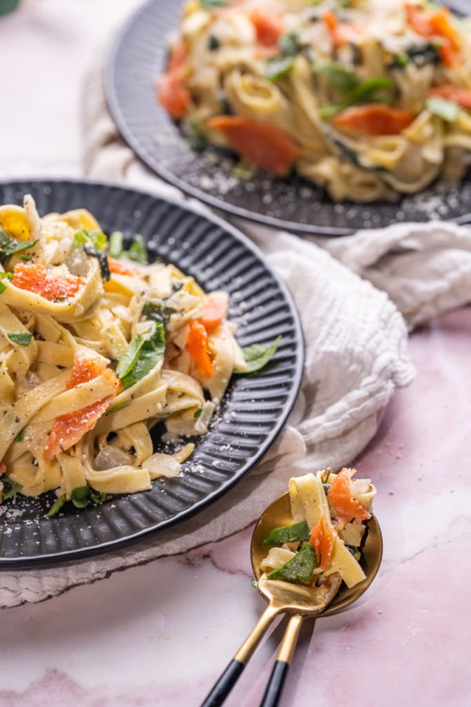 Plated One-Pot Creamy Smoked Salmon Pasta with some twirled on a fork