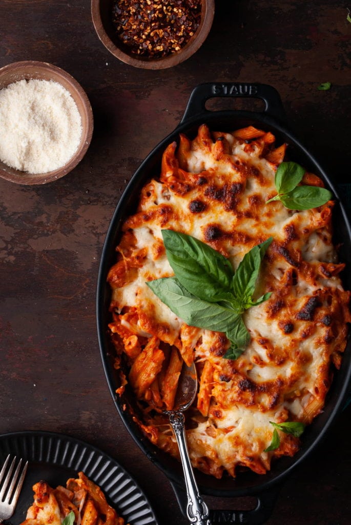 Close up overhead shot of Easy Cheesy Pasta Bake