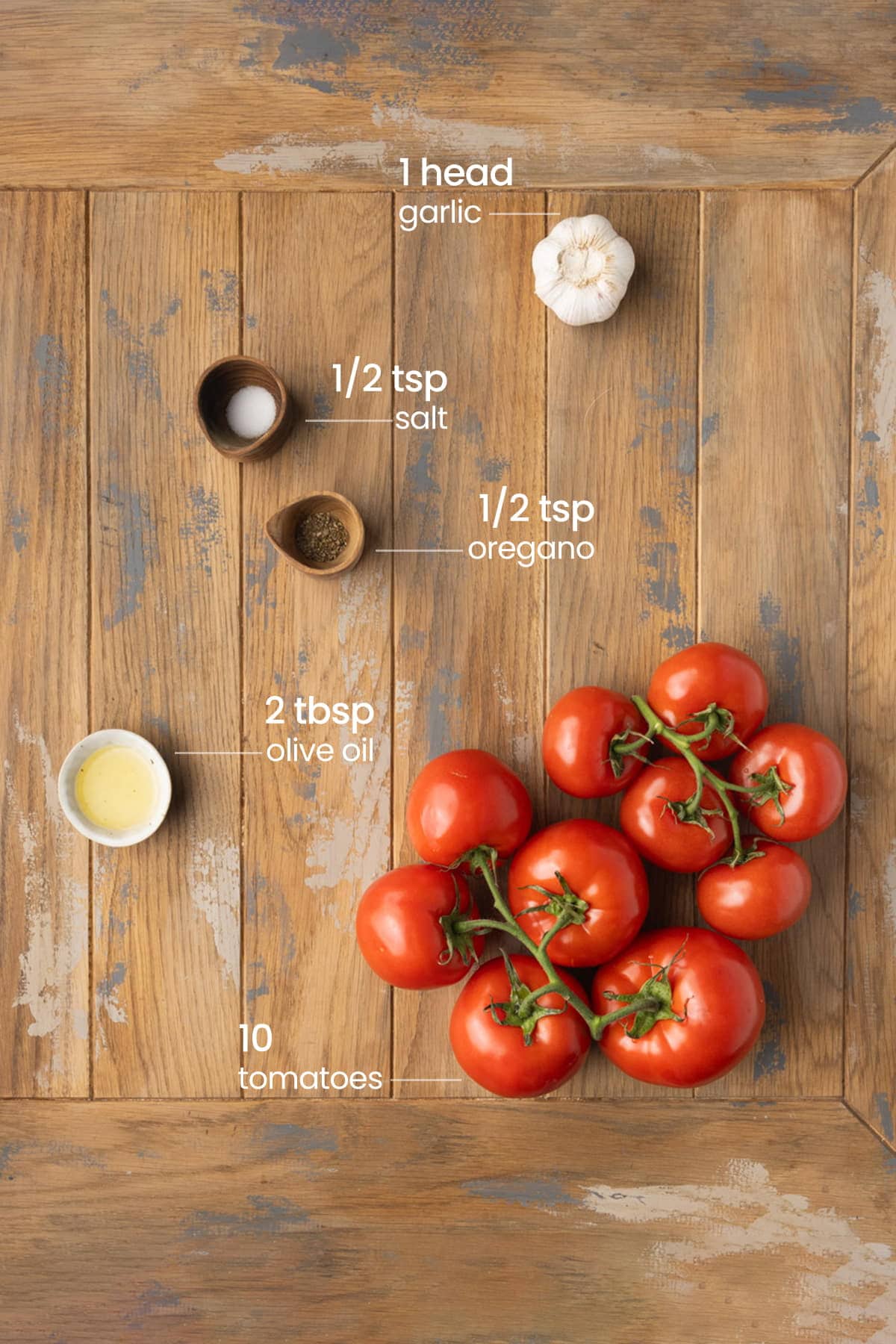 ingredients for homemade pizza sauce - garlic, salt, oregano, olive oil, tomatoes