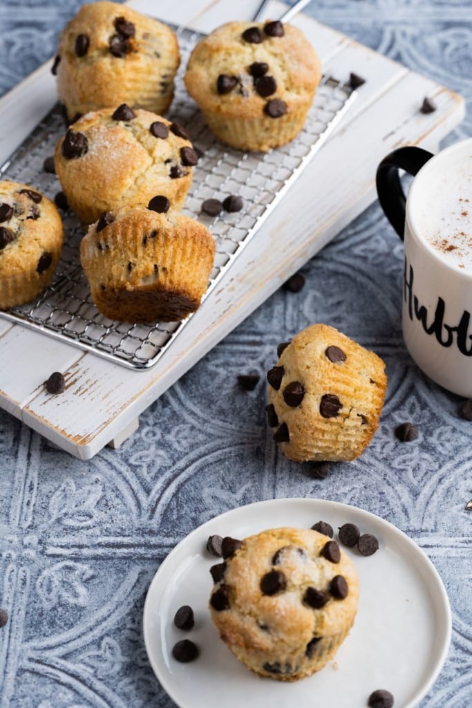 Bunch of One-Bowl Chocolate Chip Muffins with coffee