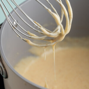 White queso dripping off whisk