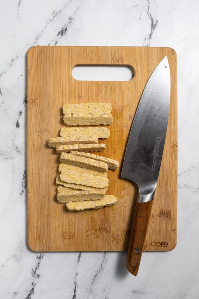 Tempeh sliced into strips