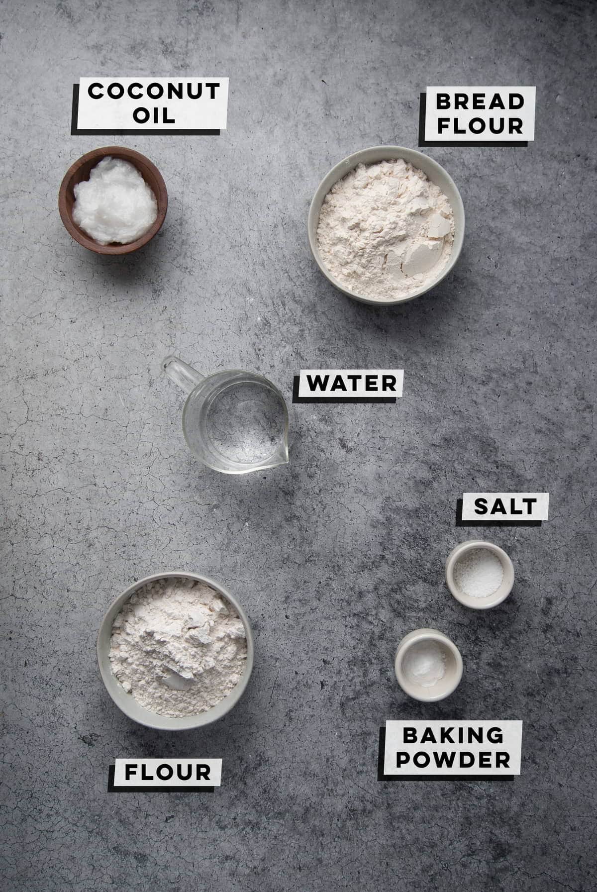 coconut oil, bread flour, hot water, salt, baking powder, all-purpose flour