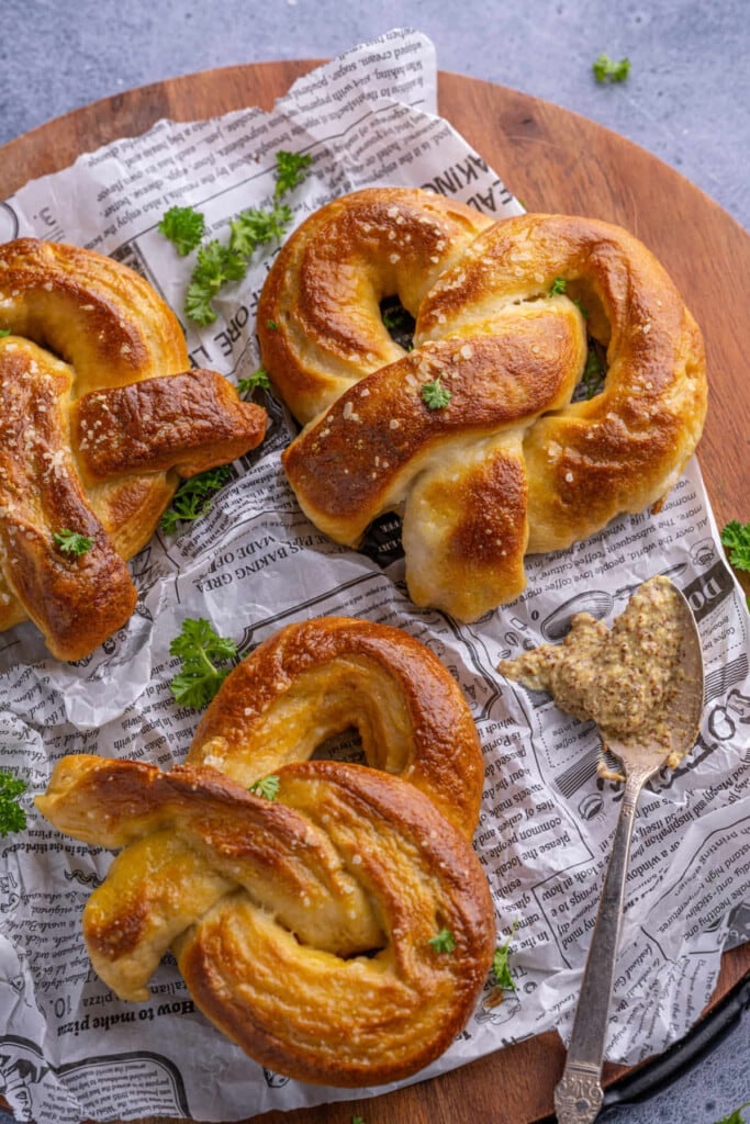 Closeup of German Soft Pretzels served with Dijon mustard