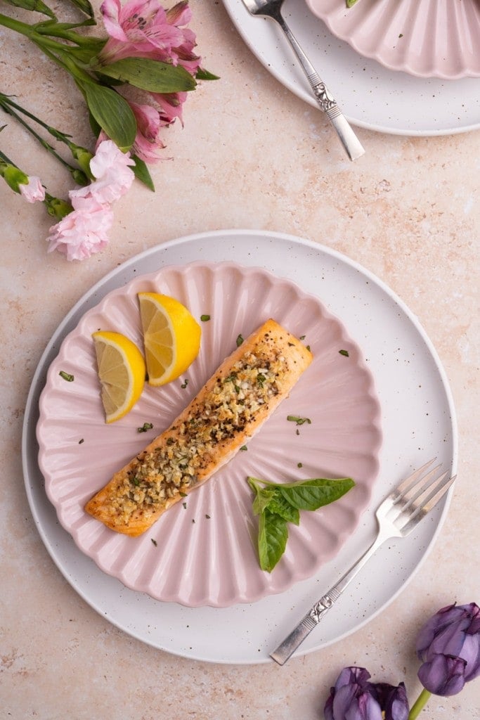 Overhead shot of garlic roasted salmon