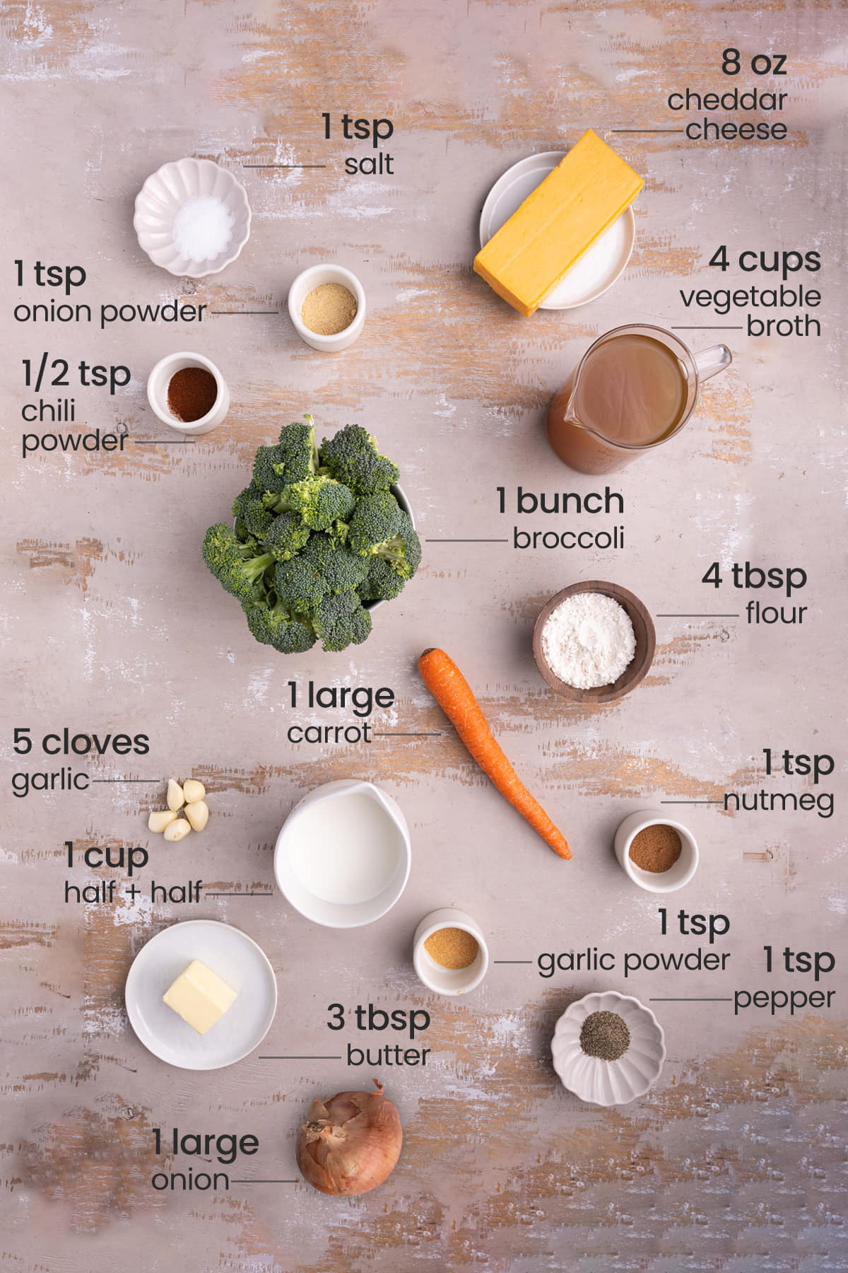 Vegetarian Broccoli Cheddar Soup Ingredients - Sharp cheddar cheese, salt, chili powder, onion powder, vegetable broth, broccoli, all-purpose flour, carrot, garlic, half and half, garlic powder, unsalted butter, yellow onion, and black pepper