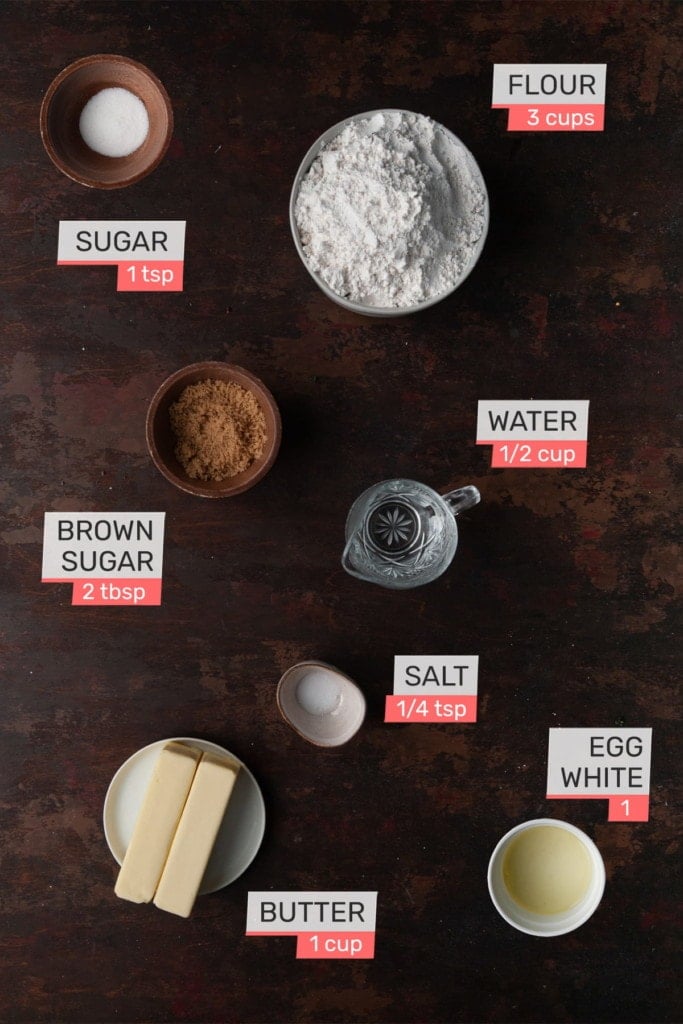 Flour, sugar, water, brown sugar, salt, egg white, butter.