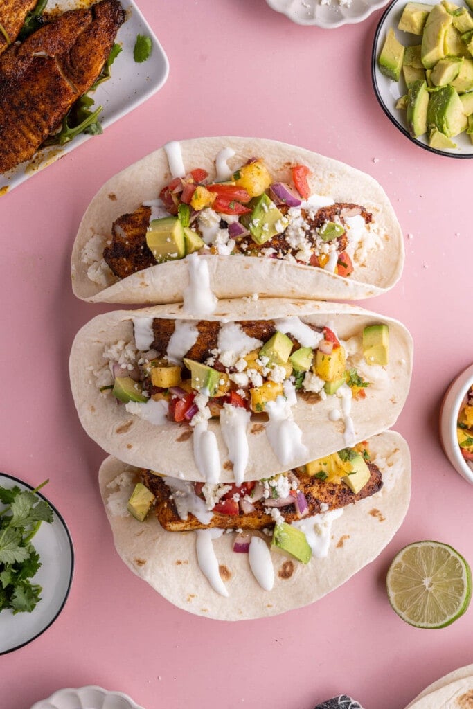 Overhead image of Fish Tacos with Pineapple Salsa