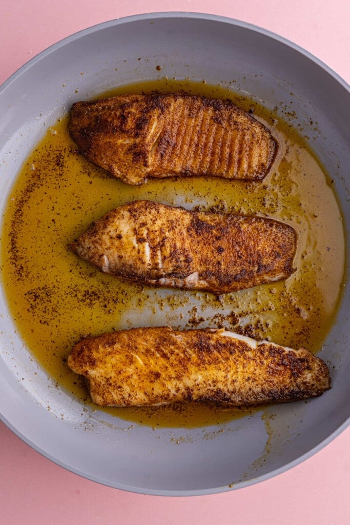 Finishing up pan-frying fish for fish tacos