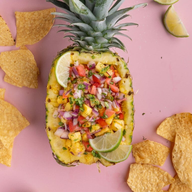 Pineapple Pico De Gallo served in a whole pineapple