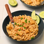 A shallow bowl filled with noodles with spicy peanut sauce and tofu.