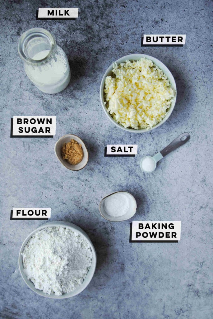 milk. grated butter, brown sugar, salt, baking powder, all-purpose flour