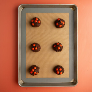 Chocolate Halloween cookies on a baking sheet