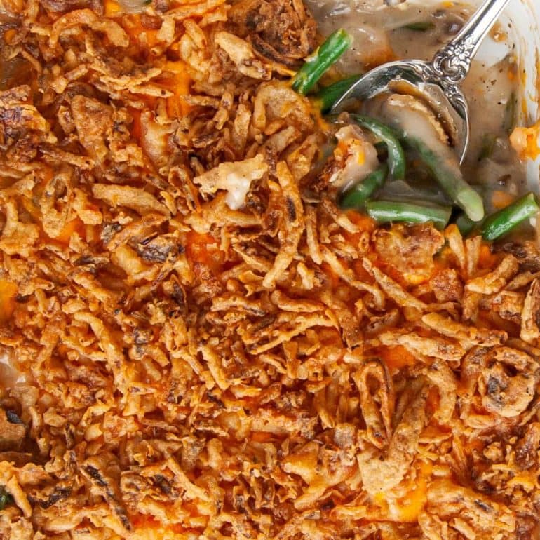 close up of green bean casserole with secret ingredient