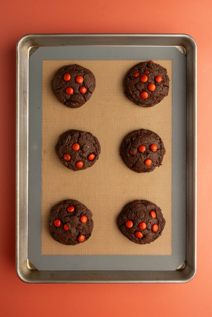 Double chocolate cookies with M&M's fresh out of the oven