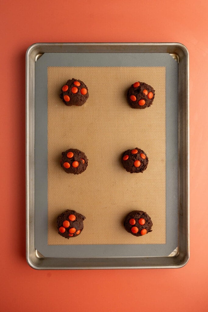 Halloween M&M Chocolate Cookies ready for the oven