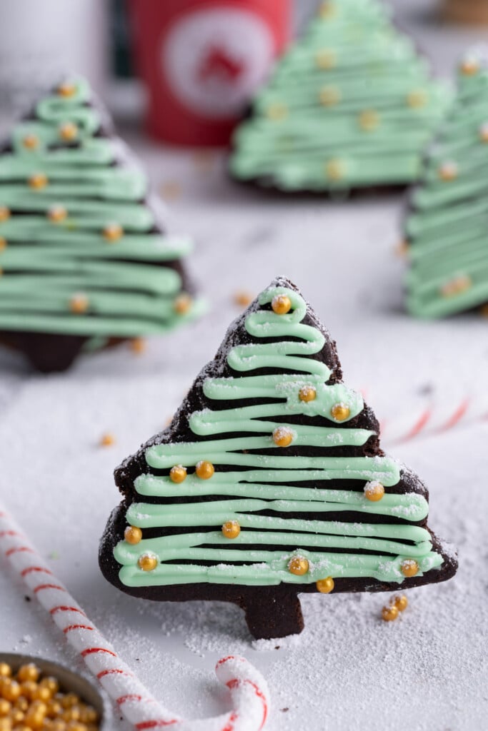 Chocolate Peppermint Cut-Out Cookies in the shape of Christmas trees