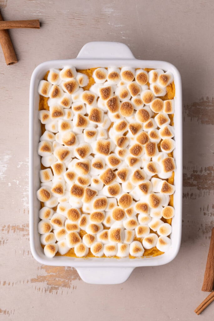 Sweet potato casserole with maple syrup and toasted marshmallows fresh out of the oven.