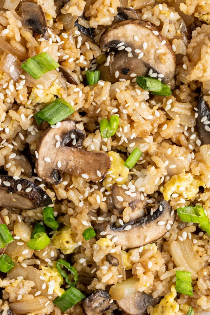 Close up of fried rice with mushrooms