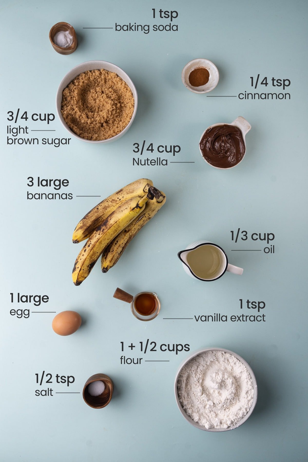 ingredients for banana Nutella muffins - bananas, oil, light brown sugar, egg, vanilla extract, all-purpose flour, baking soda, salt, cinnamon, Nutella