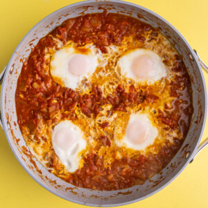 Eggs poached in spicy shakshuka sauce