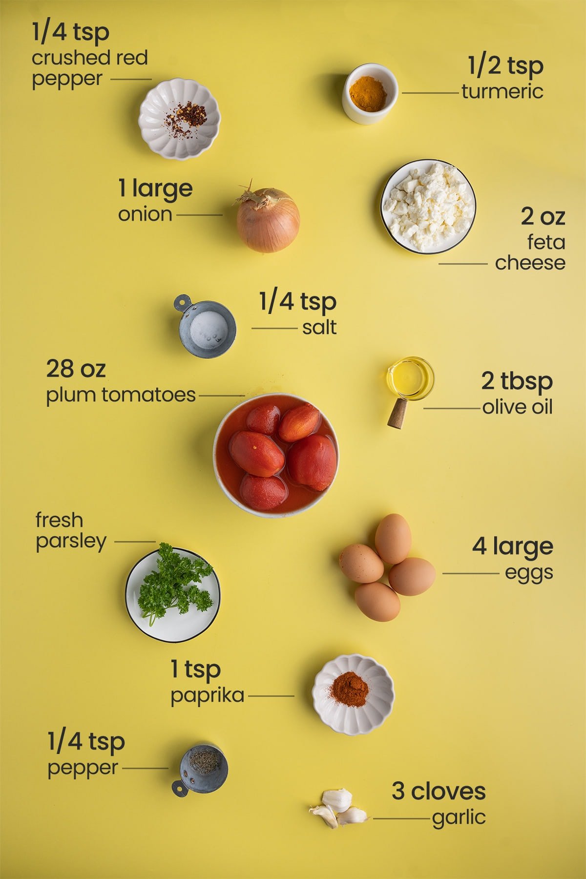 All ingredients for Spicy Feta Shakshuka including onion, garlic, olive oil, salt, pepper, canned plum tomatoes, paprika, turmeric, crushed red pepper flakes, eggs, feta, parsley