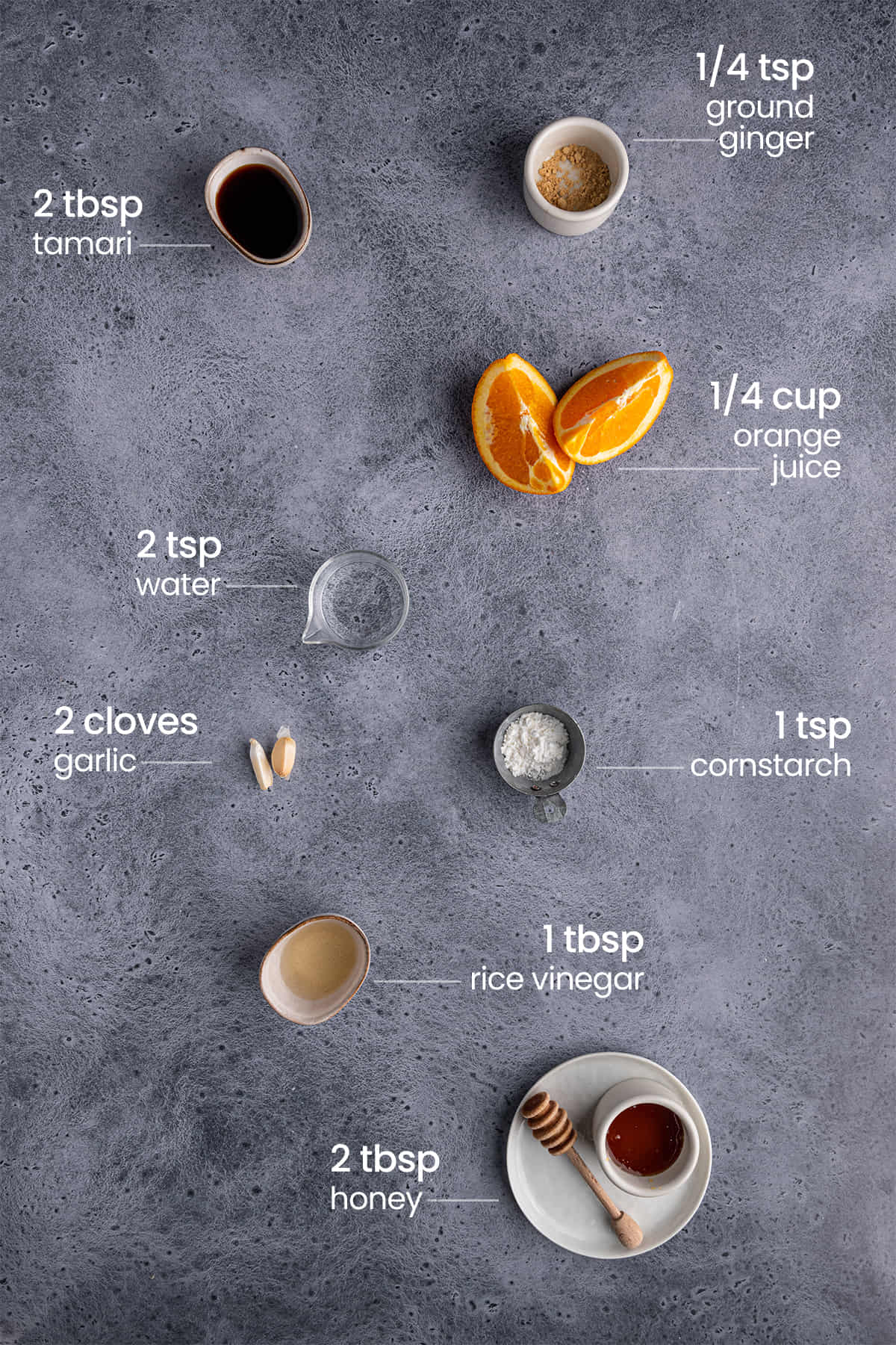 Sticky Orange Sauce ingredients including Tamari, ground ginger, fresh orange, water, garlic, cornstarch, rice vinegar, and honey