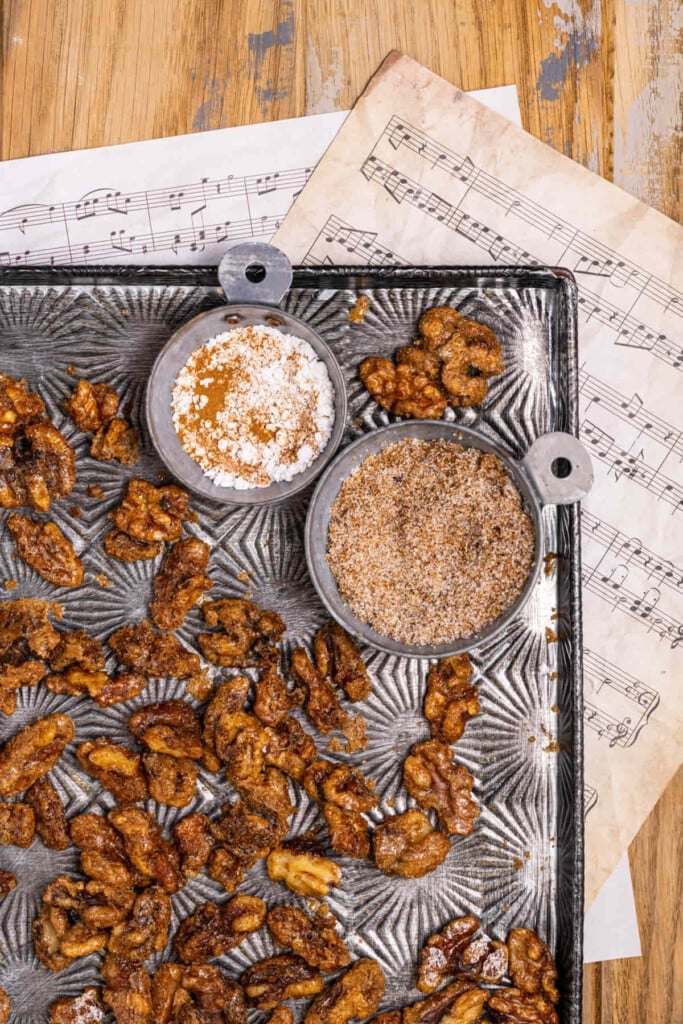 Candied Cinnamon Sugar Walnuts on a baking tray