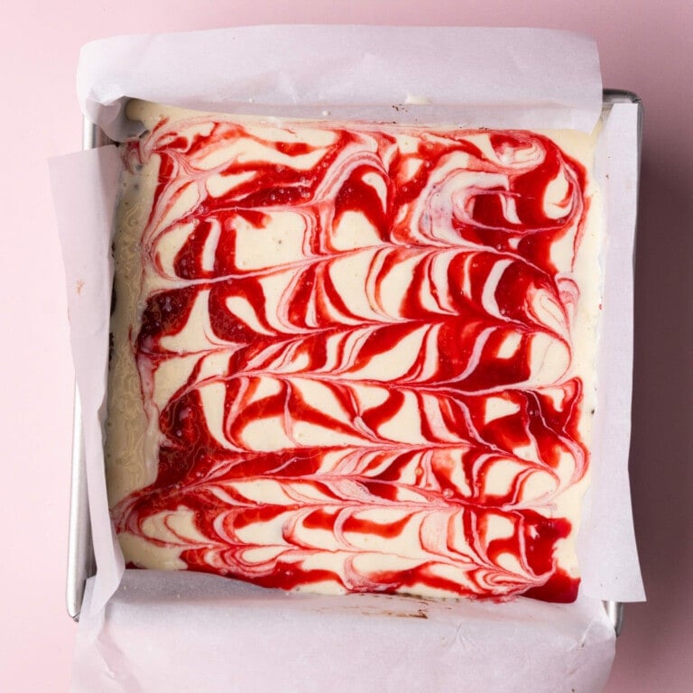 Raspberry cheesecake brownies ready for the oven.
