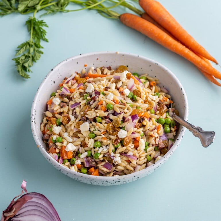 Serving bowl of Rainbow Orzo Salad