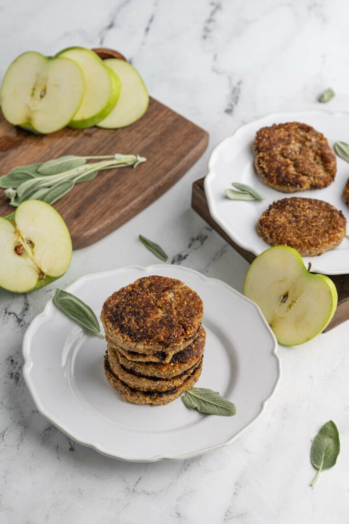 Vegan Sausage Patties stacked on a plate