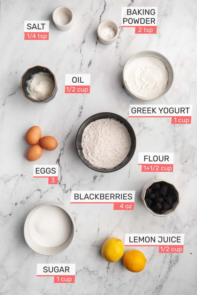 salt, baking powder, oil, greek yogurt, eggs, all-purpose flour, sugar, blackberries, lemon juice