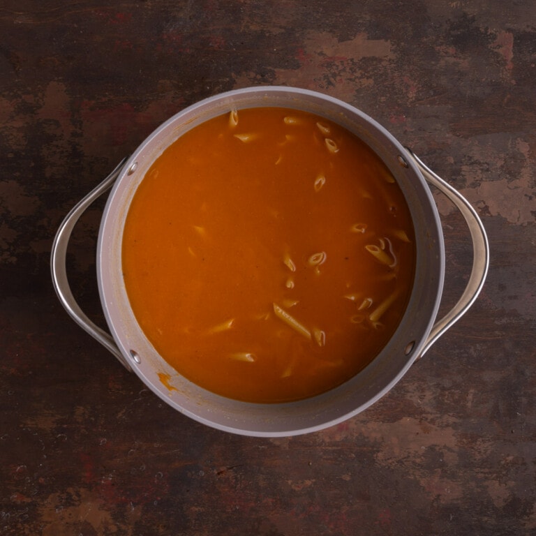 Penne pasta in a pot with vegetable broth, pumpkin puree, olive oil, and seasonings