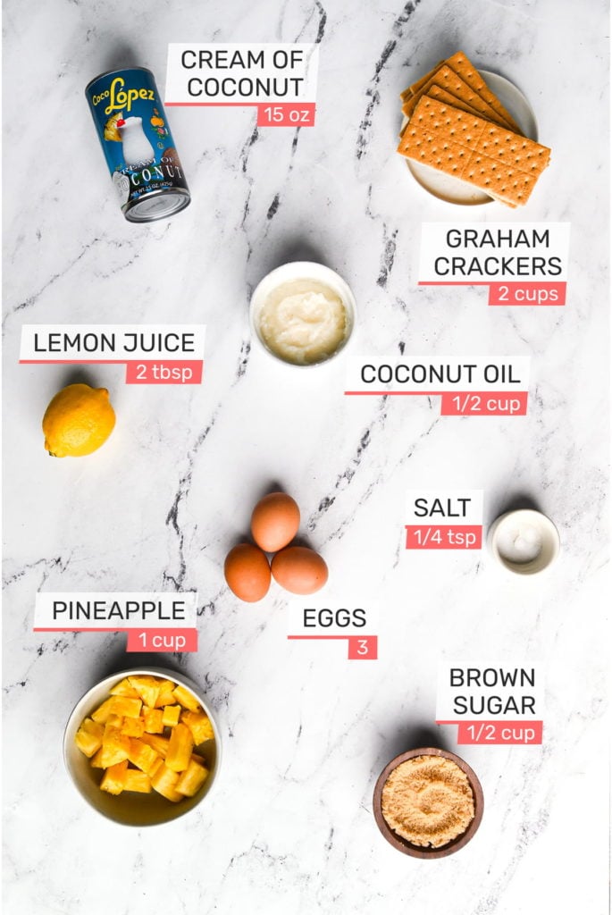 cream of coconut, graham crackers, coconut oil, lemon, eggs, chopped pineapple, brown sugar, salt