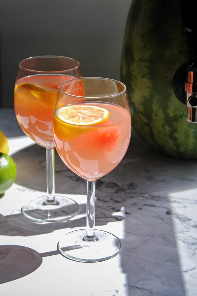 Sangria Watermelon in a wine glass with garnish