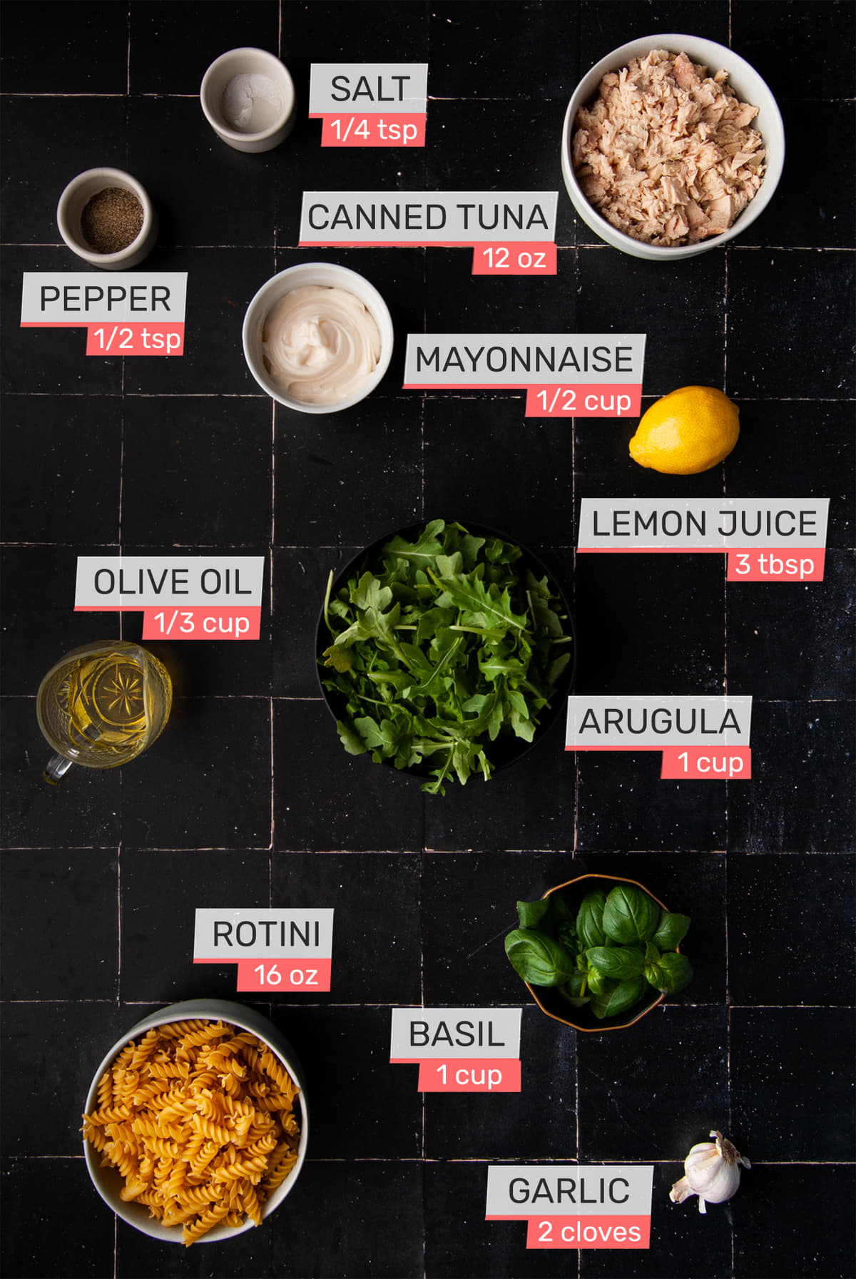salt, pepper, canned tuna, mayonnaise, lemon, arugula, olive oil, rotini, basil, and garlic
