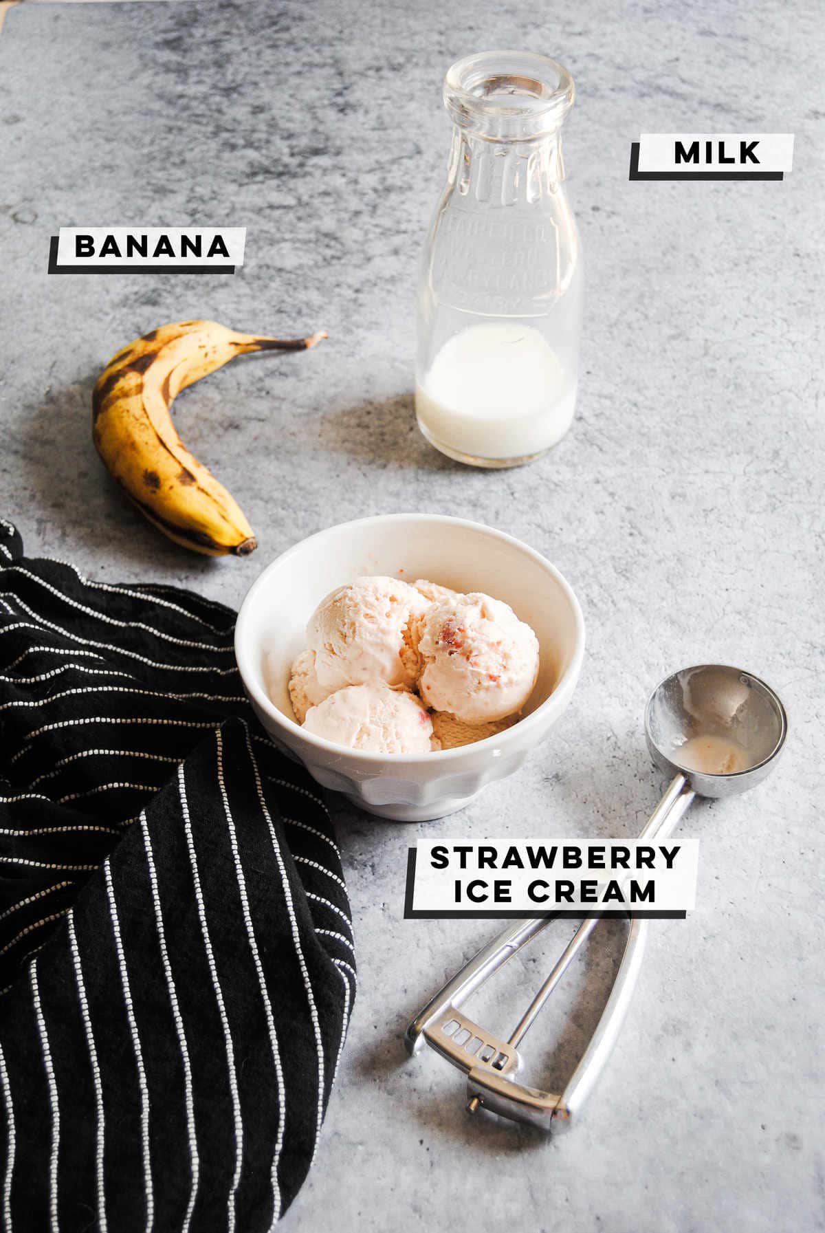 banana, milk, and strawberry ice cream