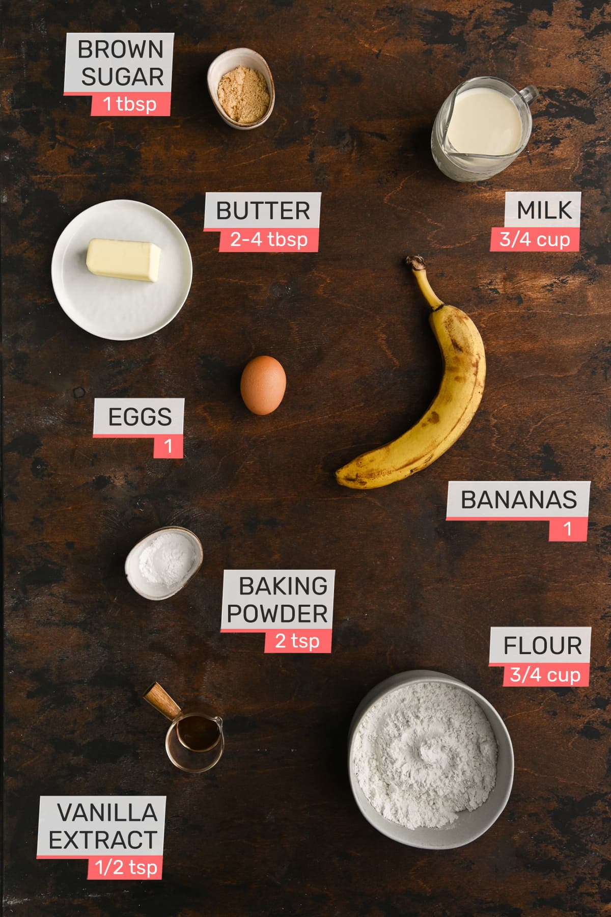 baking powder, brown sugar, egg, milk, flour, banana, and vanilla extract