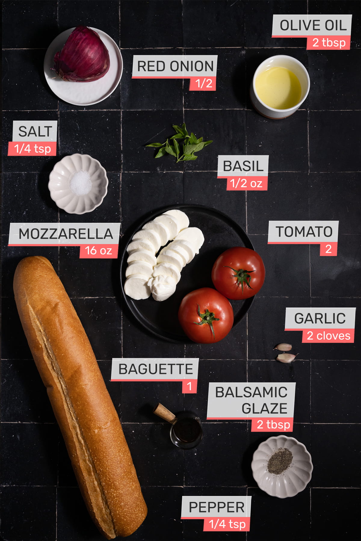 Overhead picture of all ingredients needed for Caprese Bruschetta - Olive oil, red onion, salt, basil, mozzarella, tomato, garlic, baguette, balsamic glaze, pepper