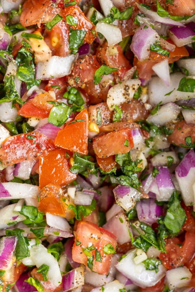 close up of tomatoes, basil, garlic, red onion, olive oil, and salt and pepper mixed together