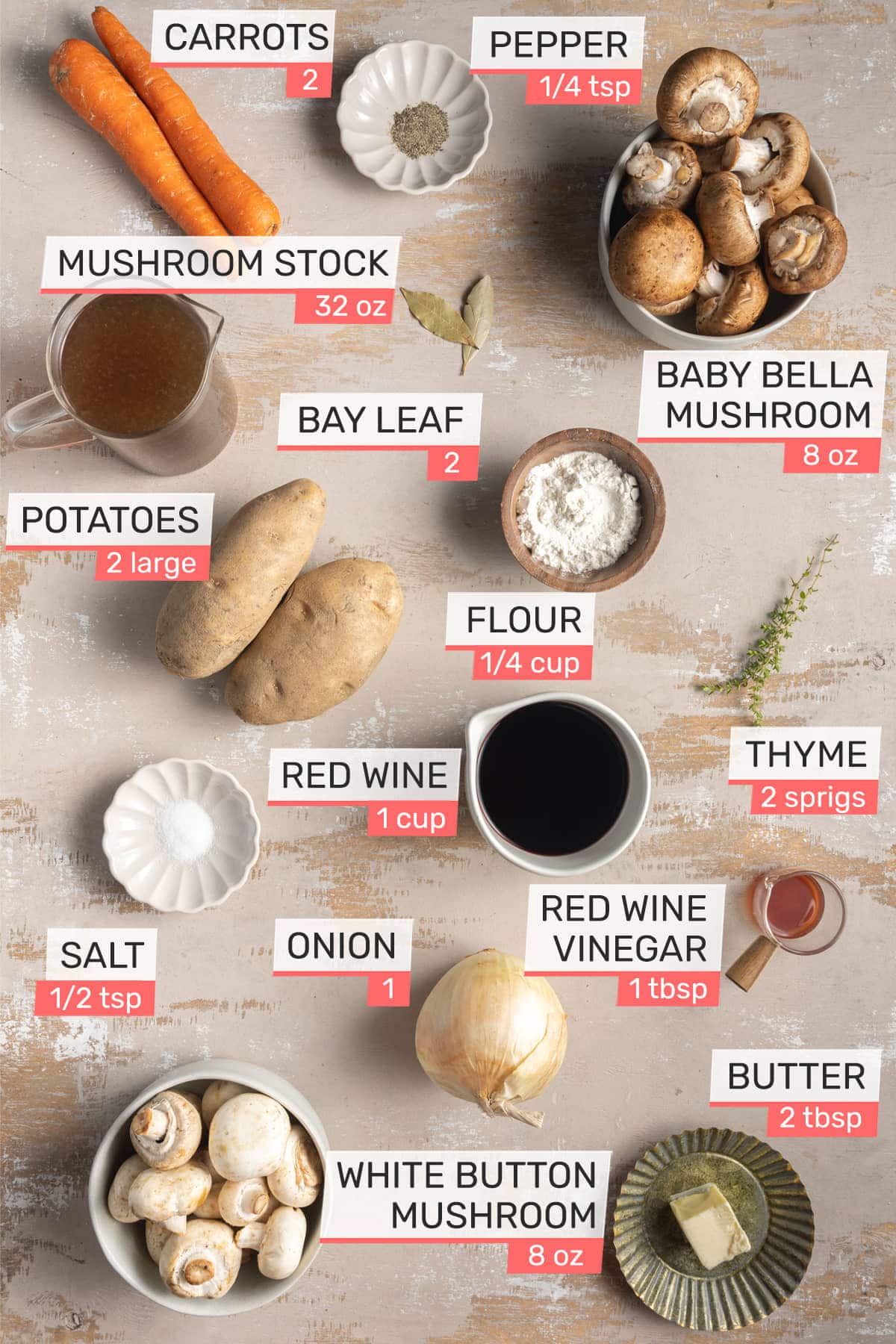 All ingredients for Mushroom Stew - onion, red wine, thyme, flour, mushrooms, butter, potatoes, carrots, bay leaves, red wine vinegar, mushroom stock, salt, pepper