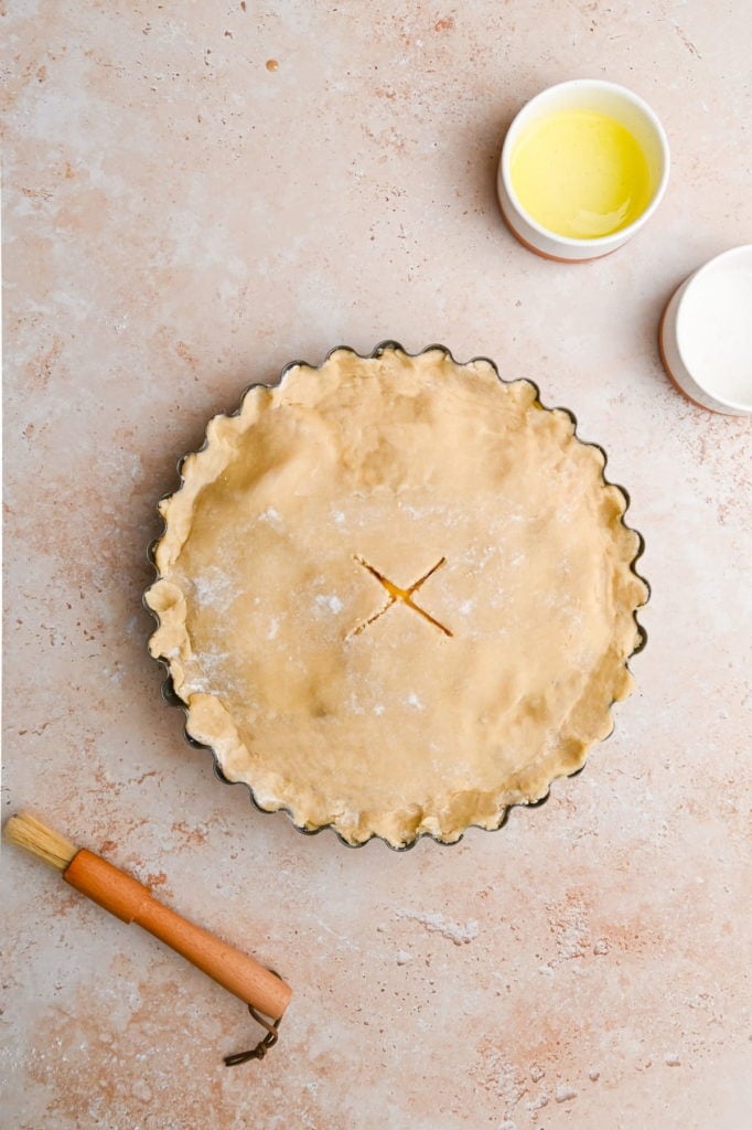 peach mango pie ready for the oven