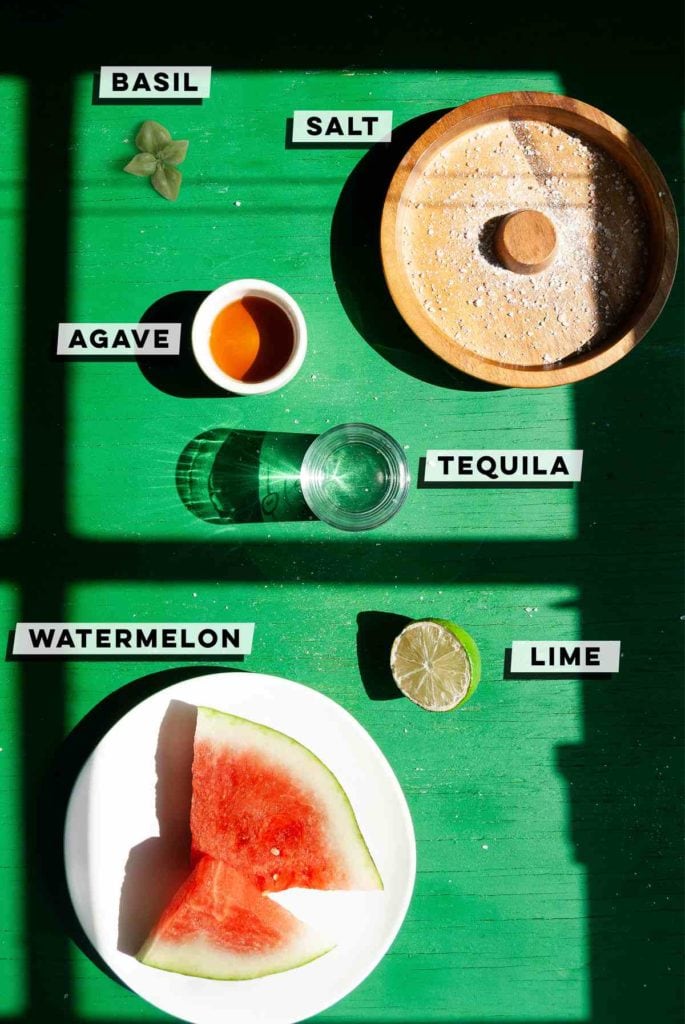 Fresh Basil, Salt, Agave, Tequila, Lime, and Watermelon