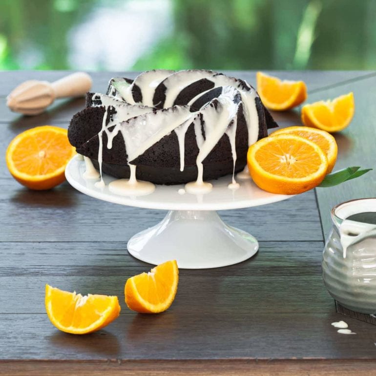 chocolate orange bundt cake dripping with glaze