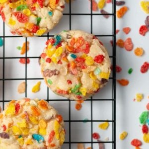Close Up of Fruity Pebbles Cookies on Cooling Rack